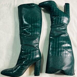 Green Croc-Embossed Faux Leather Knee-High Block Heel Boots